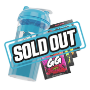 Clear plastic shaker bottle with a bright blue lid and a bold black and white stylized logo on the side