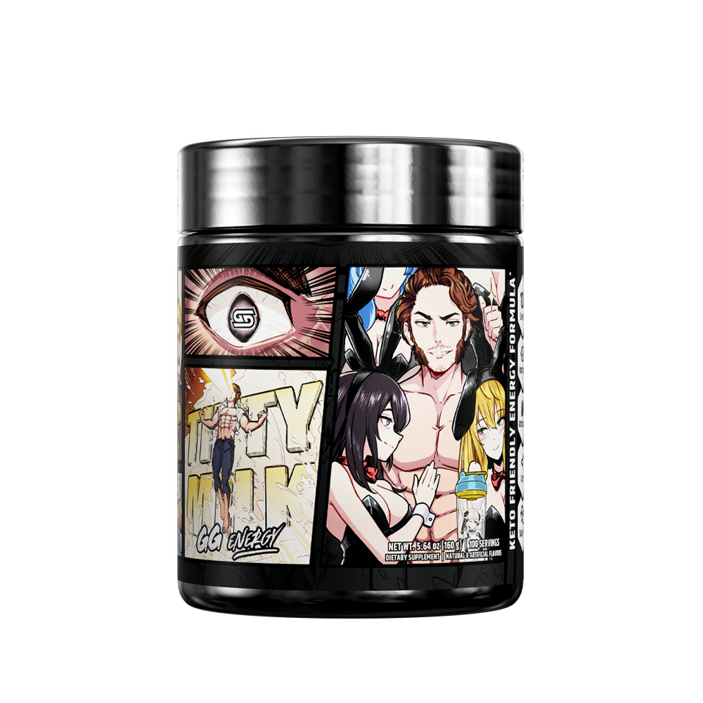 Black supplement container with detailed white nutrition facts and usage instructions on the back label