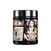 Black supplement container with detailed white nutrition facts and usage instructions on the back label