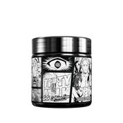 Black container with white supplement facts and directions text on the back label and a silver lid
