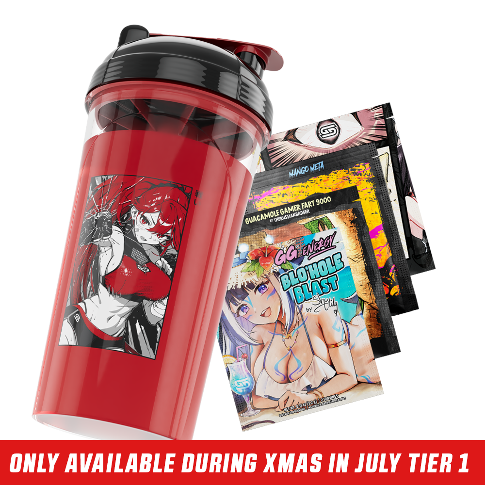 Clear shaker bottle with black and red lid and bold black stylized "GD" logo on the side
