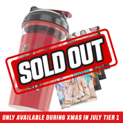 Clear shaker bottle with black and red lid and a bold black stylized "SD" logo on the side