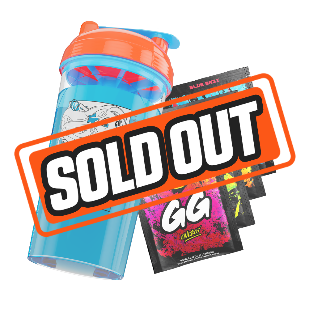 Clear shaker bottle with bright orange lid, blue flip cap, and black stylized logo on the side