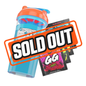 Clear shaker bottle with bright orange lid, blue flip cap, and black stylized logo on the side