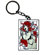 Glow-in-the-dark keychain featuring a silhouetted vampiress with flowing hair and abstract shapes in bright green.