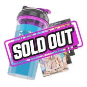 Clear shaker bottle with black and purple lid and a bold black logo on the side