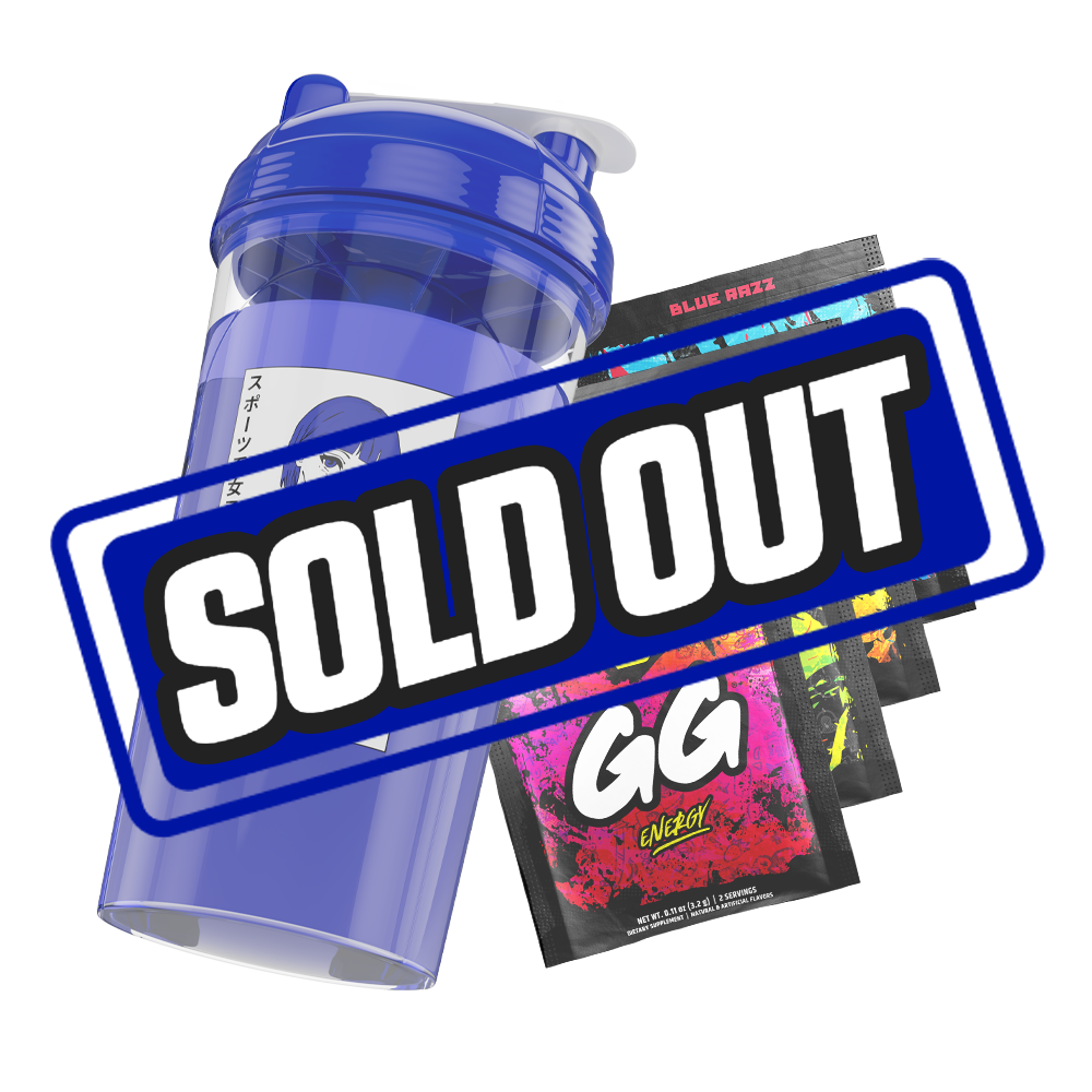 Clear shaker cup with a bold black stylized "SD" logo and a vibrant blue screw-on lid with a white flip cap.