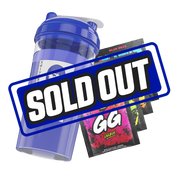 Clear shaker cup with a bold black stylized "SD" logo and a vibrant blue screw-on lid with a white flip cap.