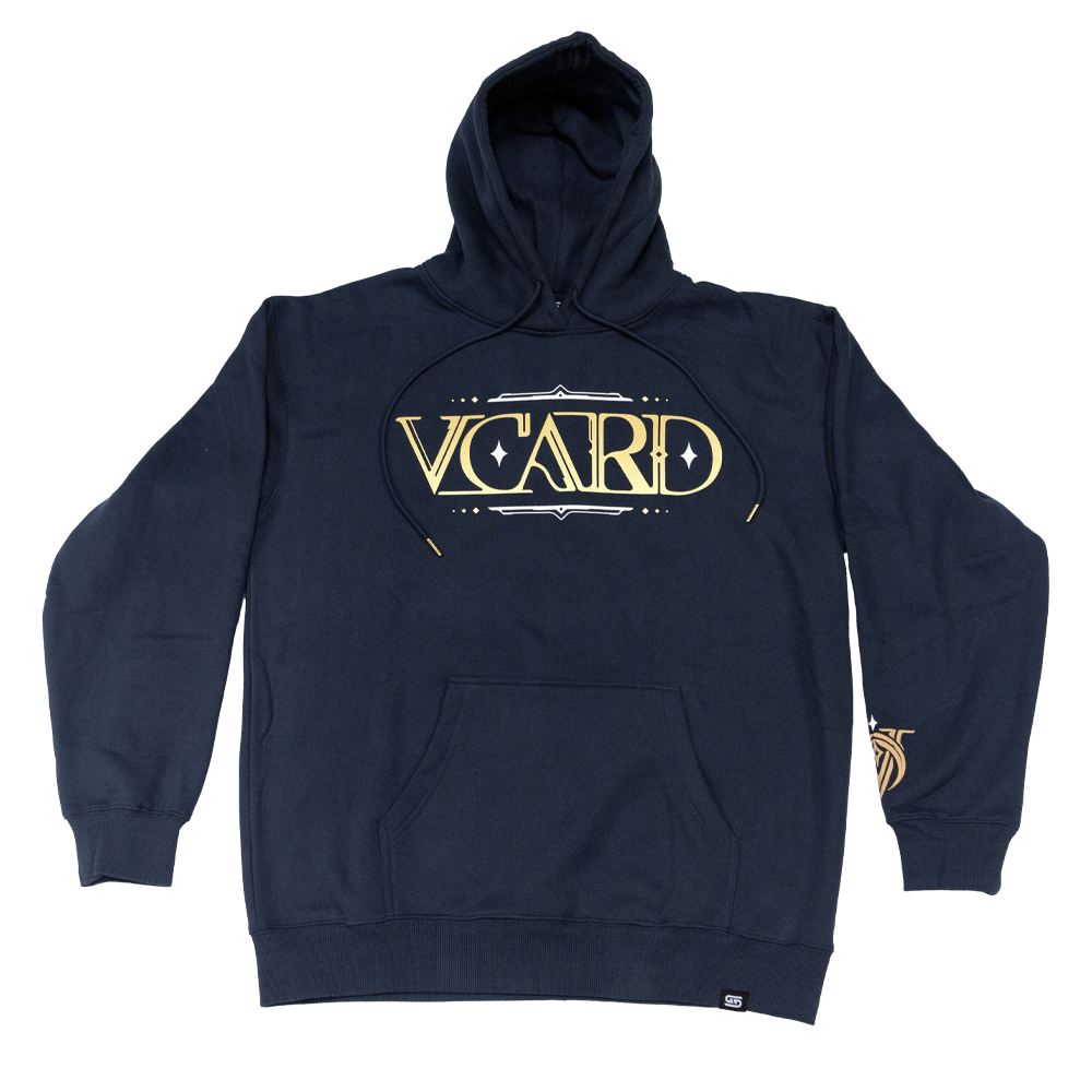 Navy blue oversized hoodie with ribbed cuffs and hem, featuring a small gold embroidered detail on the left sleeve.