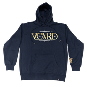 Navy blue oversized hoodie with ribbed cuffs and hem, featuring a small gold embroidered detail on the left sleeve.