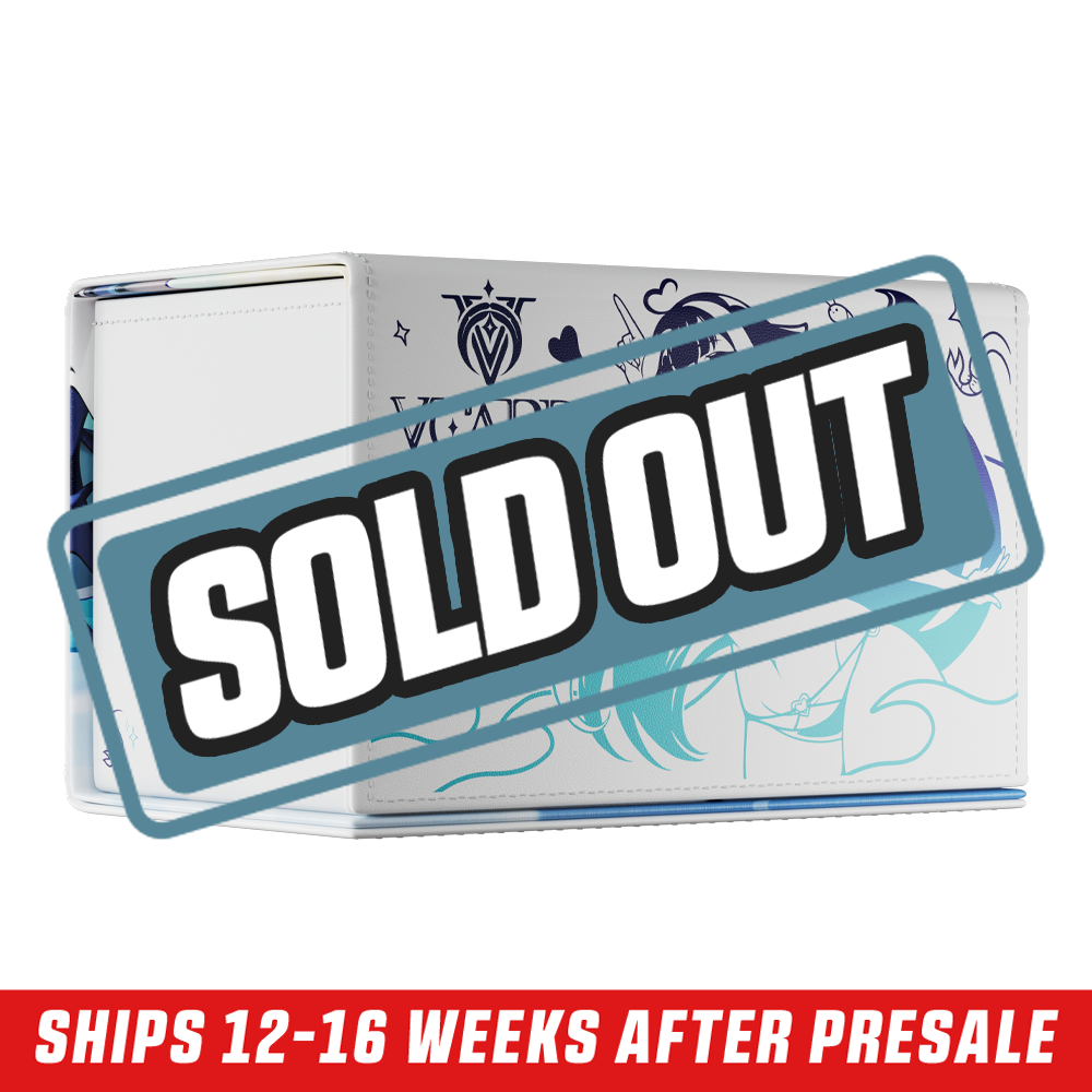 White rectangular deck box with smooth leather texture and visible card edges inside.