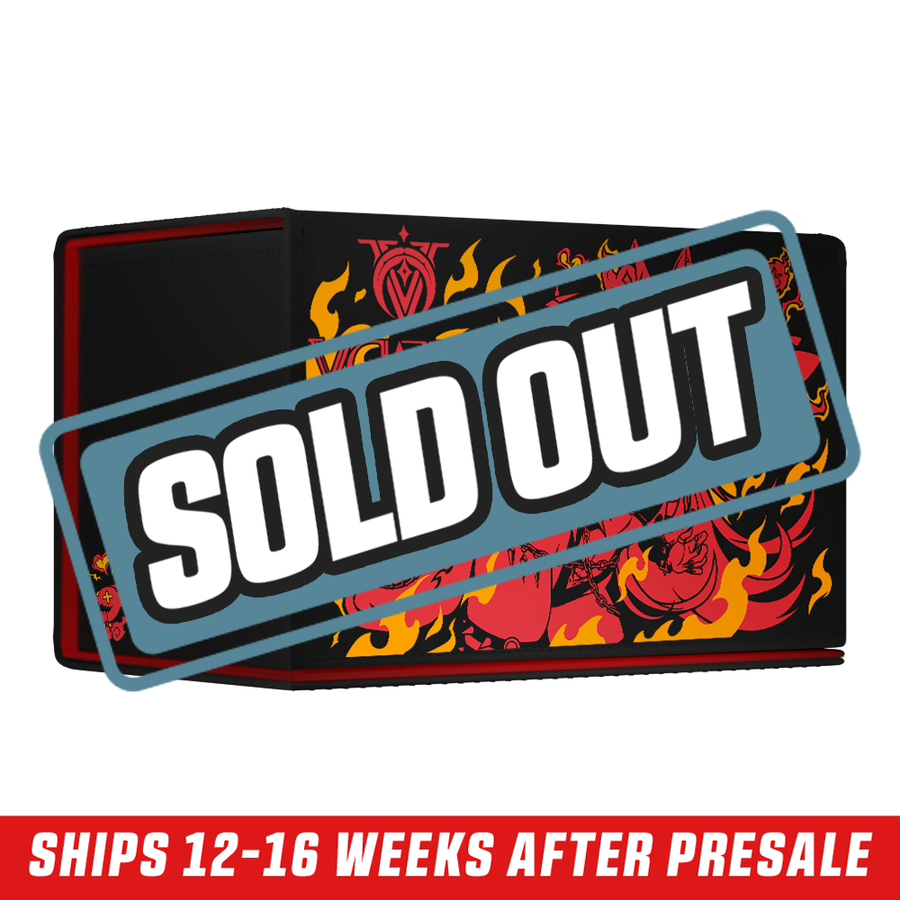 Black deck box with red and yellow flames featuring a red anime-style character with fox ears and tail.