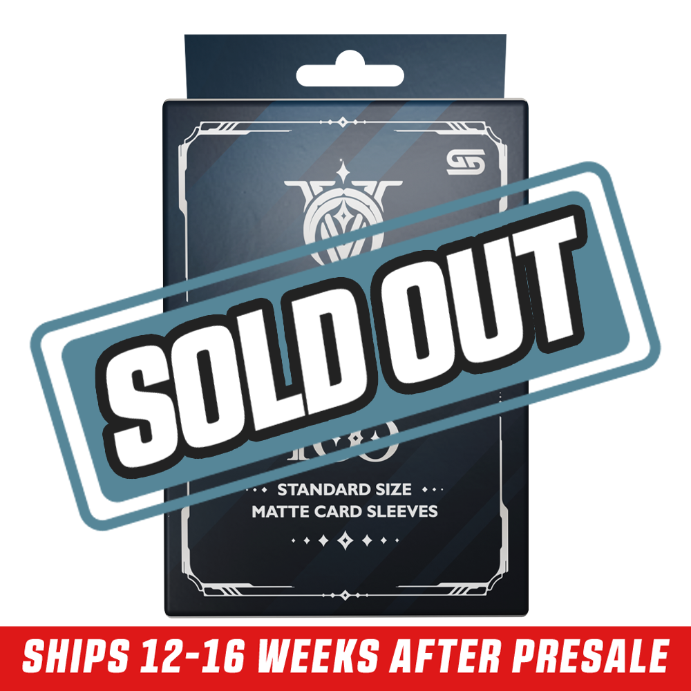 Dark blue box with white decorative text and logo, containing 100 standard size matte card sleeves.