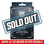 Dark blue box with white decorative text and logo, containing 100 standard size matte card sleeves.