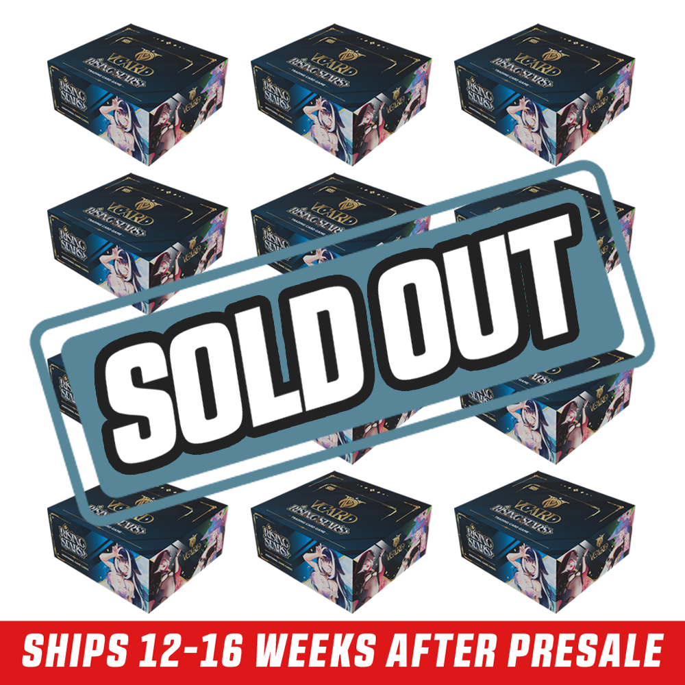 Dark blue and gold VCard booster box featuring anime-style characters on the side with trading card game branding.