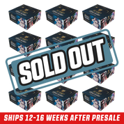Dark blue and gold VCard booster box featuring anime-style characters on the side with trading card game branding.