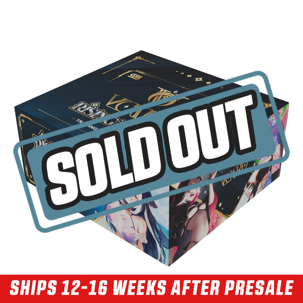 Dark blue VCard booster box with gold accents and anime-style character art on the side panels.