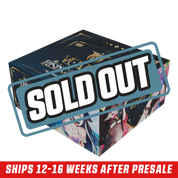 Dark blue VCard booster box with gold accents and anime-style character art on the side panels.