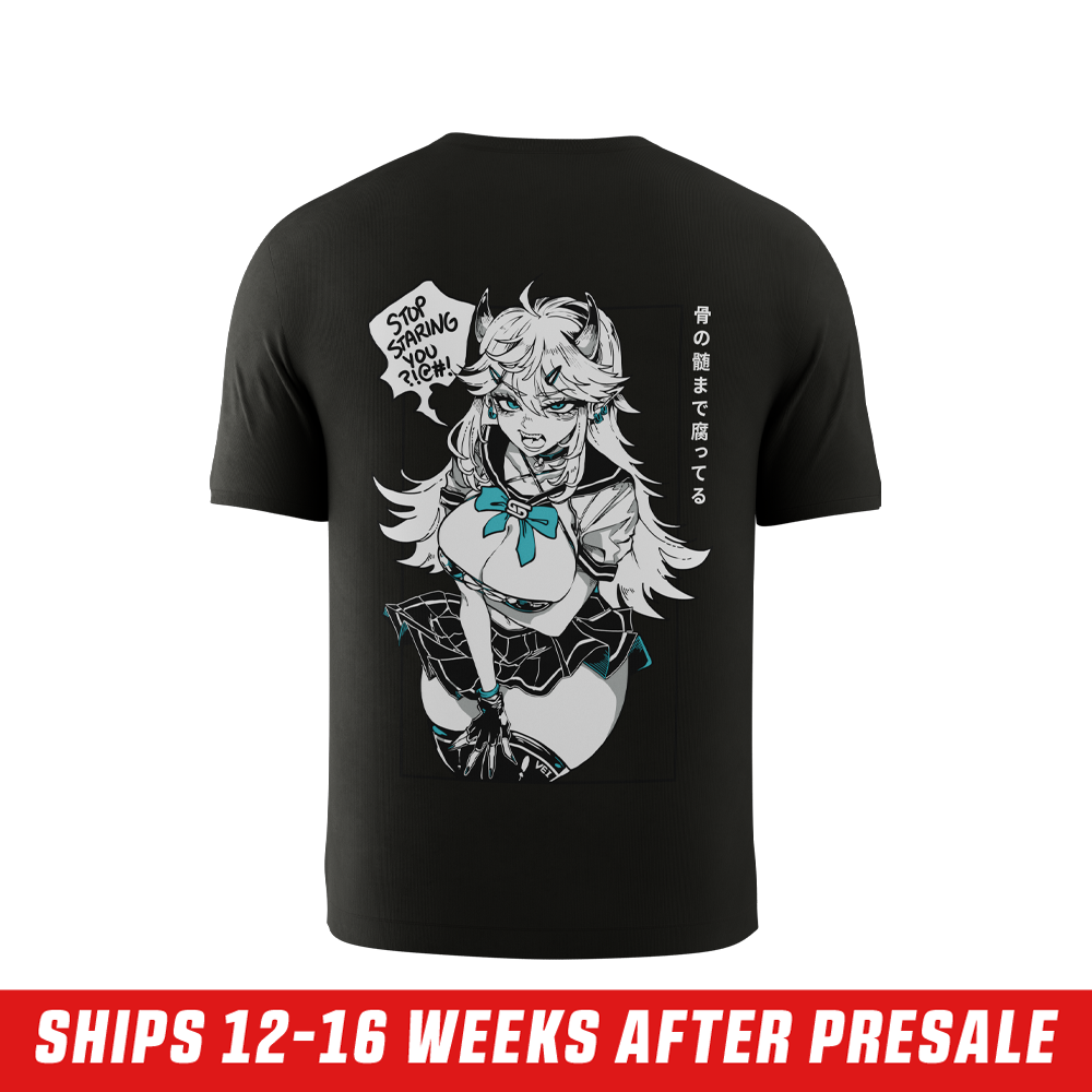 Black short-sleeve shirt with small white logo on chest and anime-style graphic with teal accents on the back.