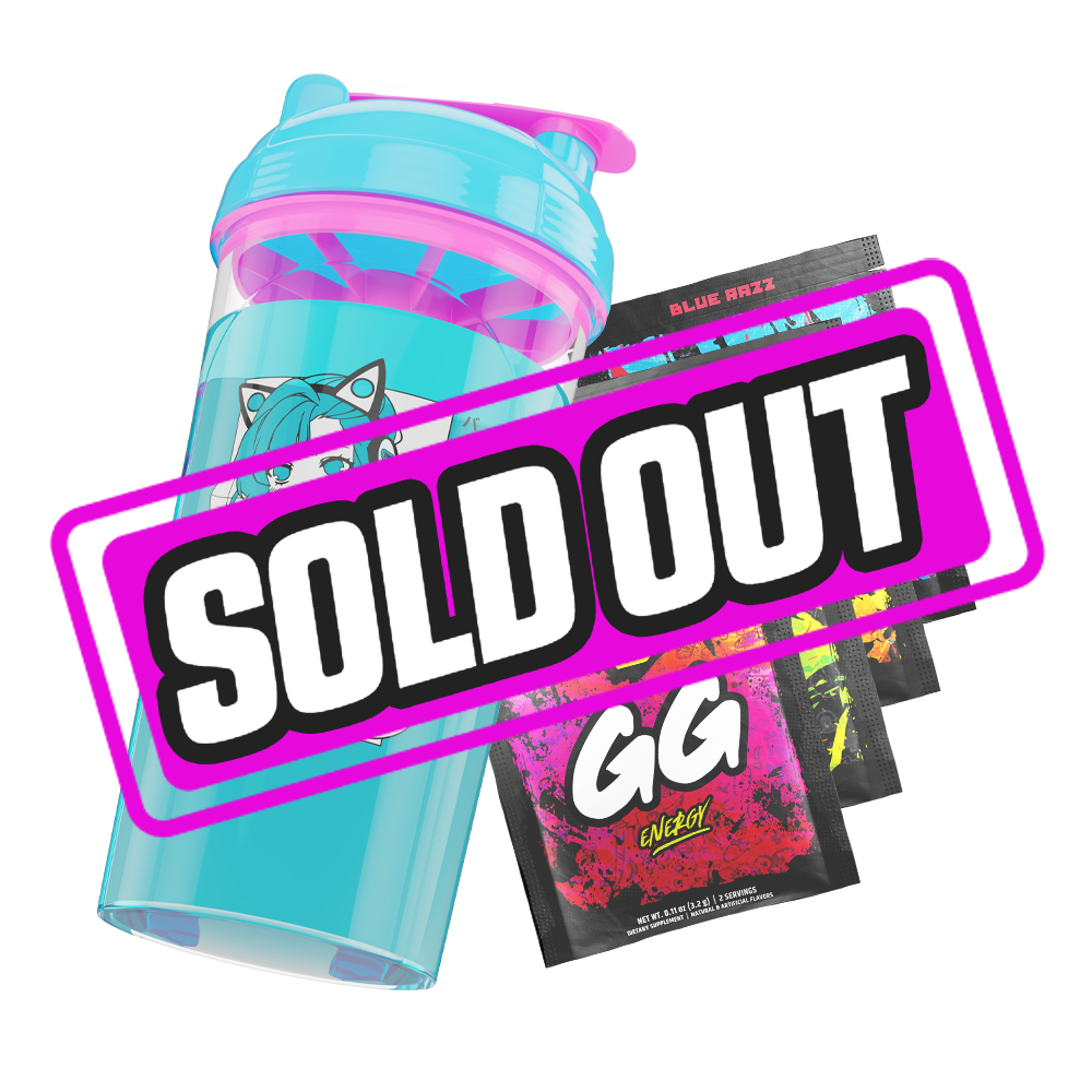 Clear shaker bottle with a blue lid, pink mixing mechanism, and bold black stylized logo on the side.