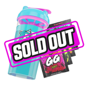 Clear shaker bottle with a blue lid, pink mixing mechanism, and bold black stylized logo on the side.