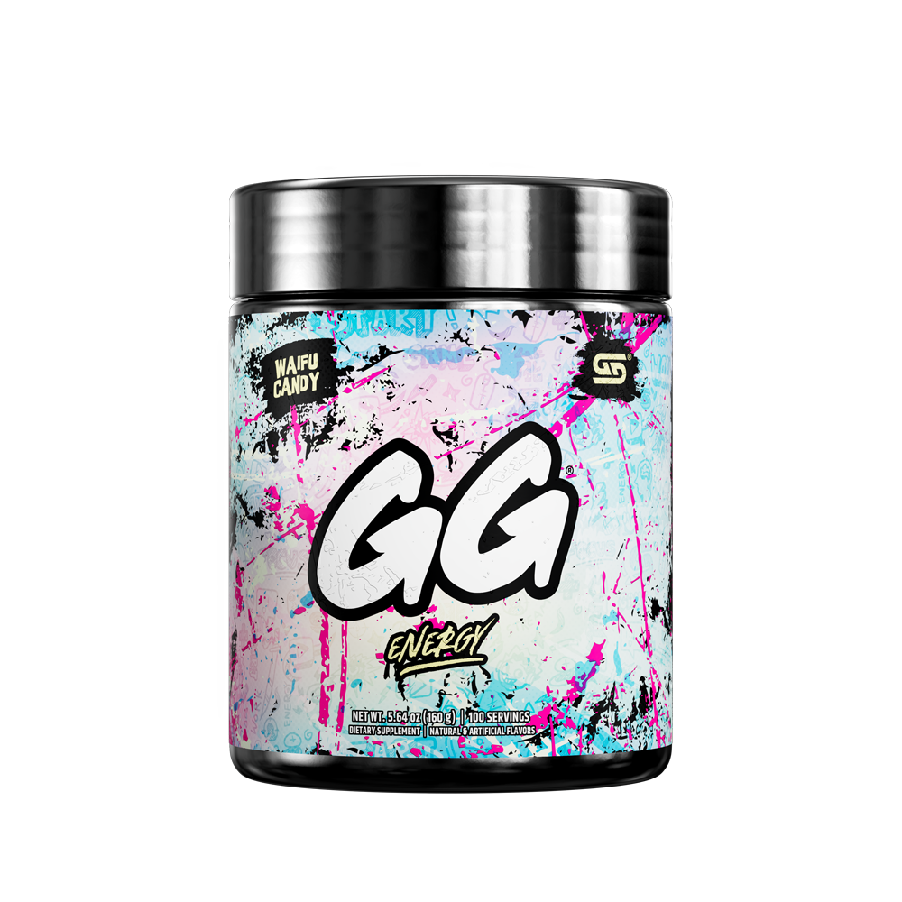 Black-lidded jar with graffiti-style pastel blue, pink, and white label featuring bold "GG" and "Waifu Candy" text