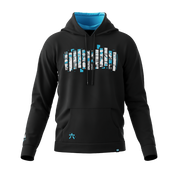 Black hoodie with a large front pocket and a colorful graphic partially visible on the chest, shown from the side.