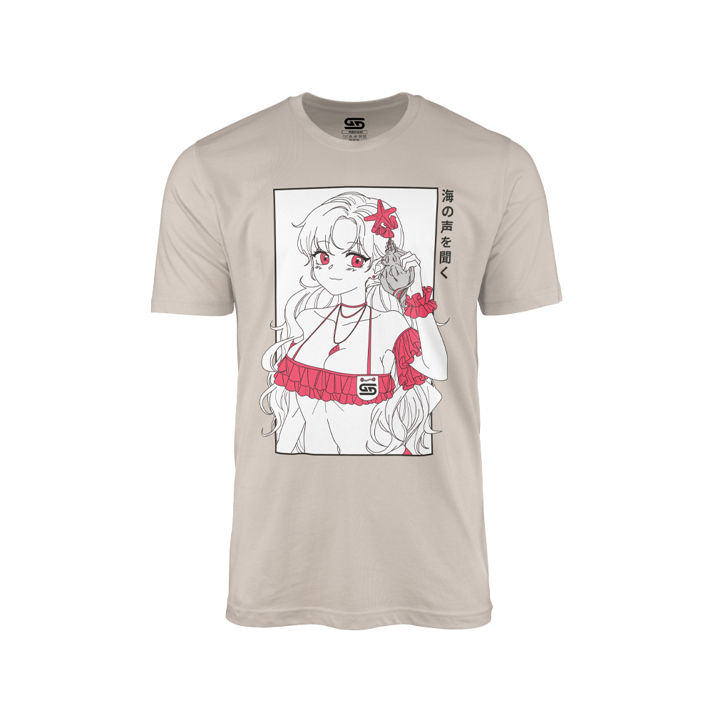 Sand-colored shirt with anime girl in red bikini holding a seashell and Japanese text on the side