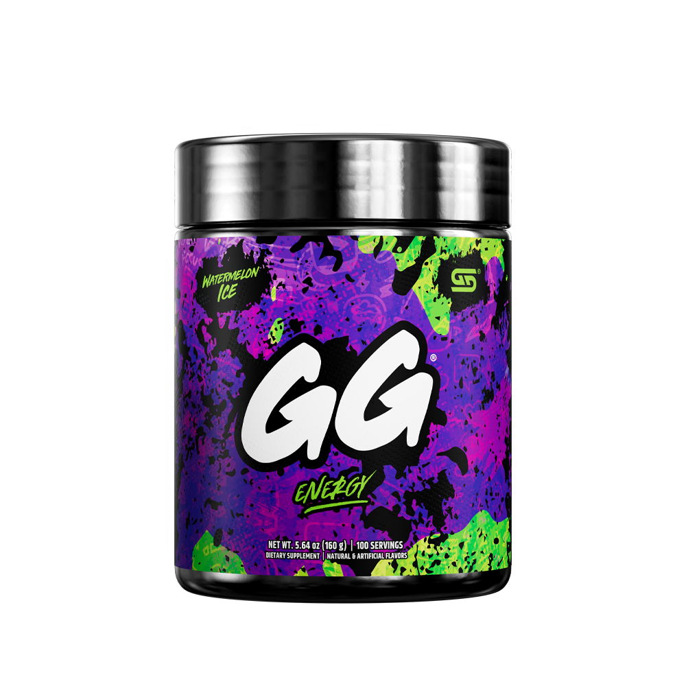 Black container back label with detailed supplement facts and colorful abstract purple and green accents