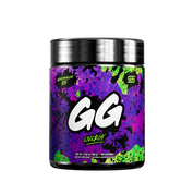 Black container back label with detailed supplement facts and colorful abstract purple and green accents