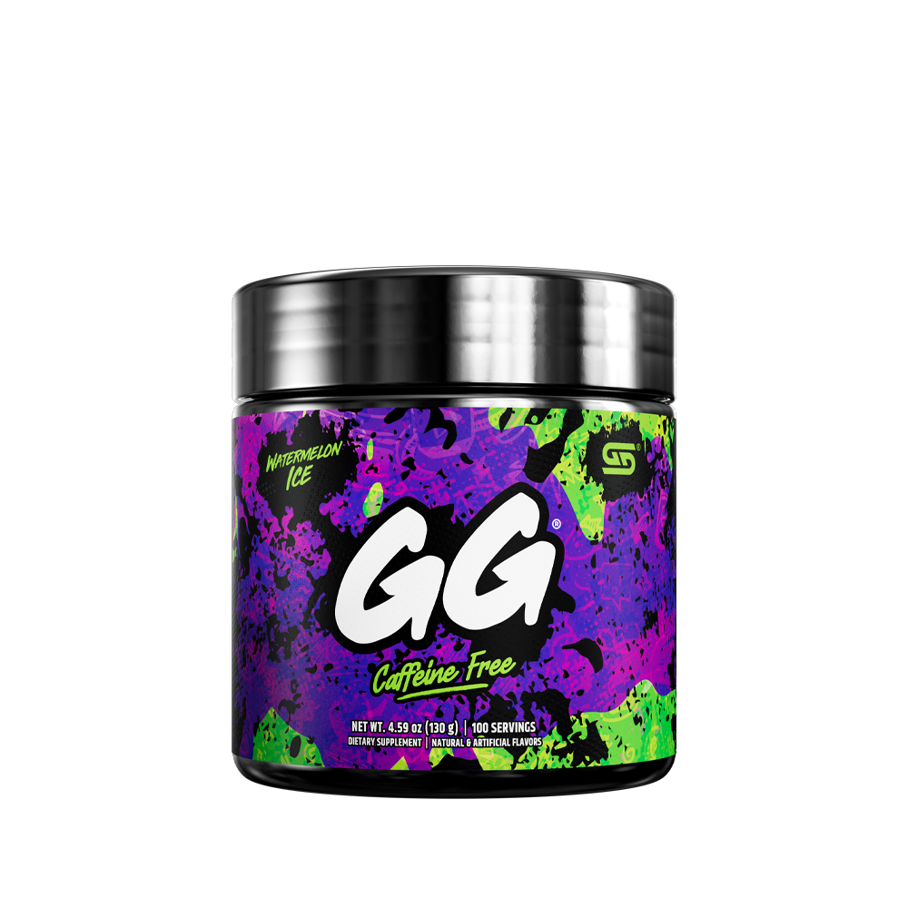 Black container with a vibrant purple, green, and yellow abstract design and detailed nutrition facts label.