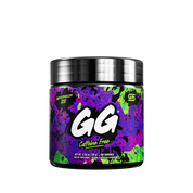 Black container with a vibrant purple, green, and yellow abstract design and detailed nutrition facts label.