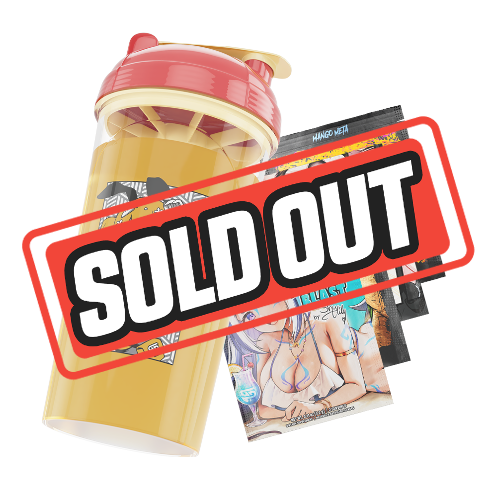 Clear shaker bottle with red and yellow lid and bold black stylized "GD" logo on the side