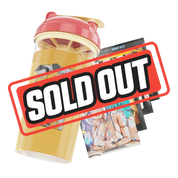 Clear shaker bottle with red and yellow lid and bold black stylized "GD" logo on the side
