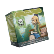 Supplement facts label showing mate leaf ingredient and barcode on a green background with wooden bench illustration.