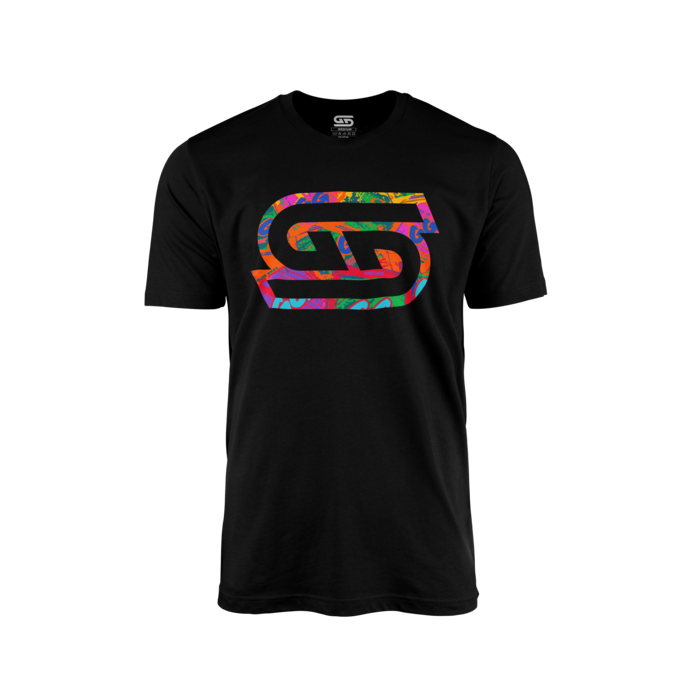 Black tee with a large colorful graffiti-style stylized "GS" logo centered on the chest.