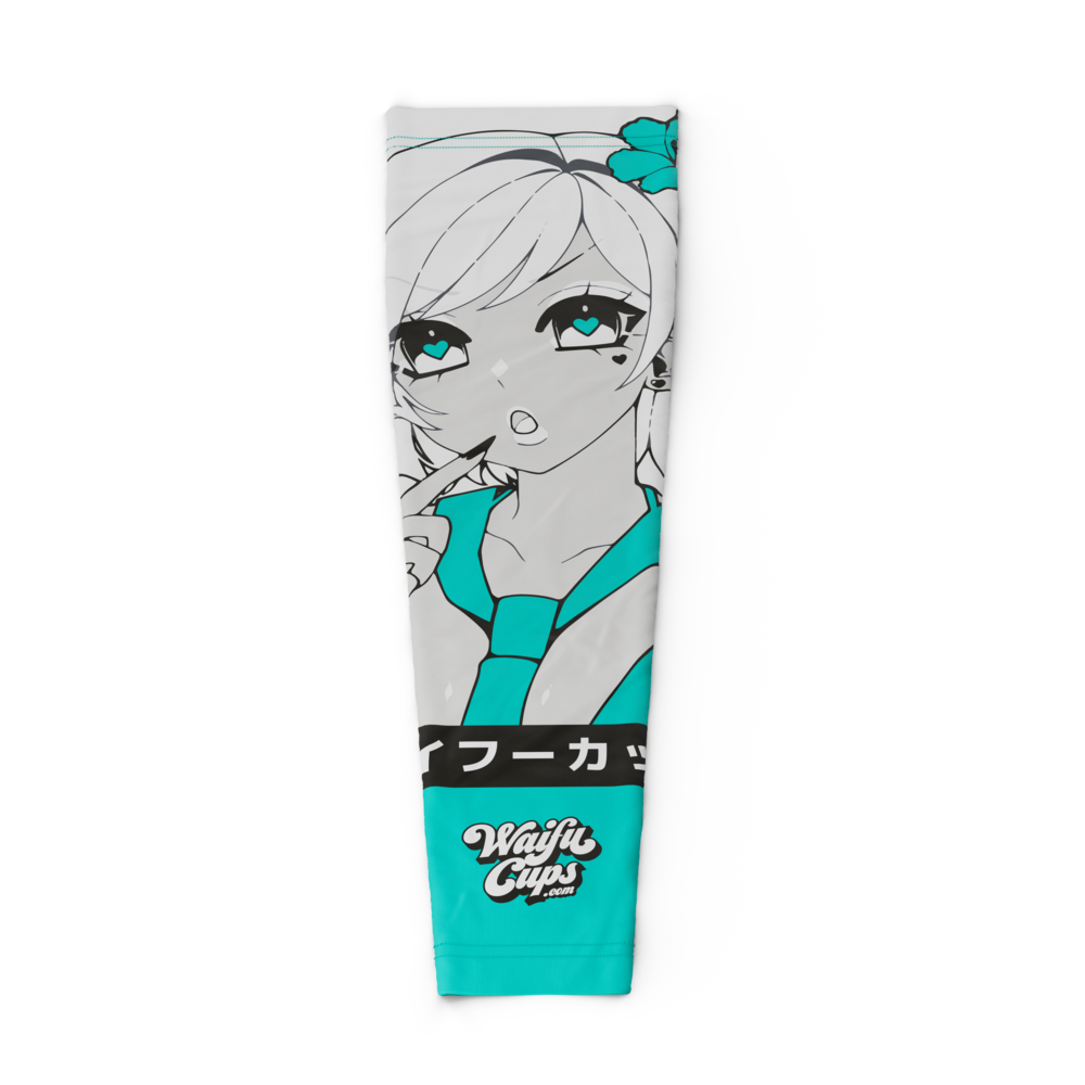 2XL gaming sleeve with anime girl in teal outfit, heart-shaped eyes, and teal flower accent on white background.
