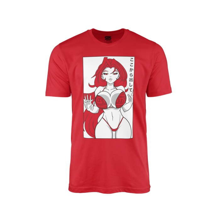 Red shirt featuring a stylized anime woman with long red hair and minimal clothing behind a white frame with Japanese text.