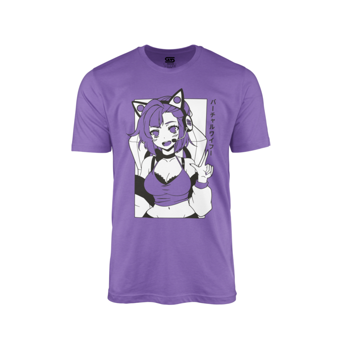 Purple shirt with a black and white anime girl wearing cat ear headphones and Japanese text on the right side.