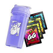 Purple shaker cup with anime girl graphic and four colorful GG Energy drink mix packets in various flavors.