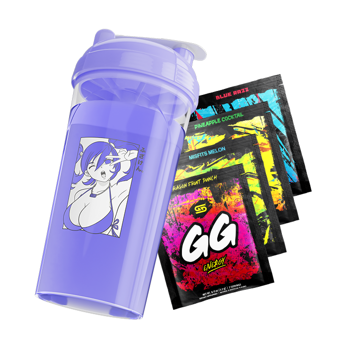 Purple shaker cup with anime girl graphic and four colorful GG Energy drink mix packets in various flavors.