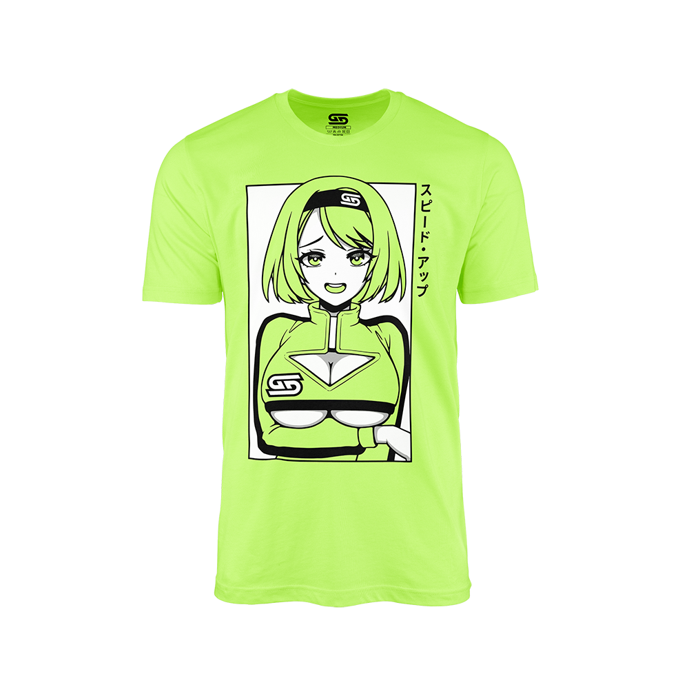 Bright lime green shirt with anime-style female character wearing matching outfit and Japanese text on front