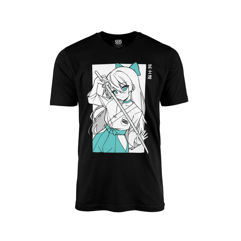 Black shirt with anime-style samurai girl holding a sword, accented with teal bow, skirt, and eyes.