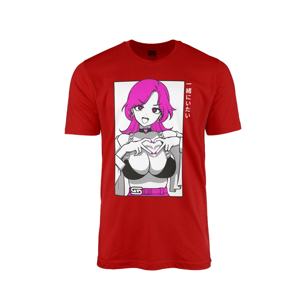 Red shirt with a pink-haired anime girl making a heart shape with her hands and Japanese text on the right side.